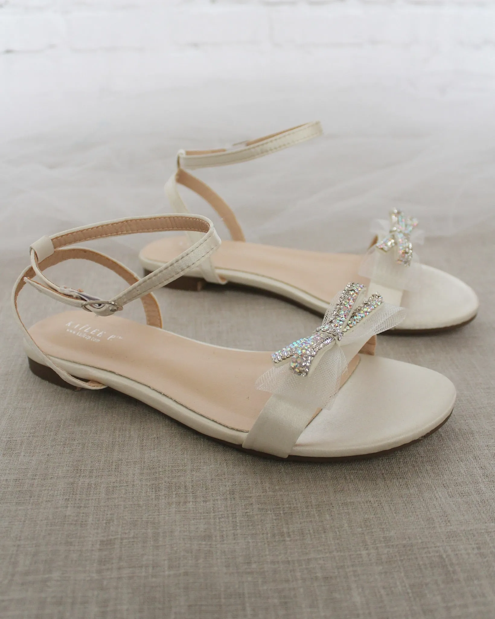 Ivory Satin Flat Sandal with Mini Mesh Rhinestones Bow and Ankle Strap