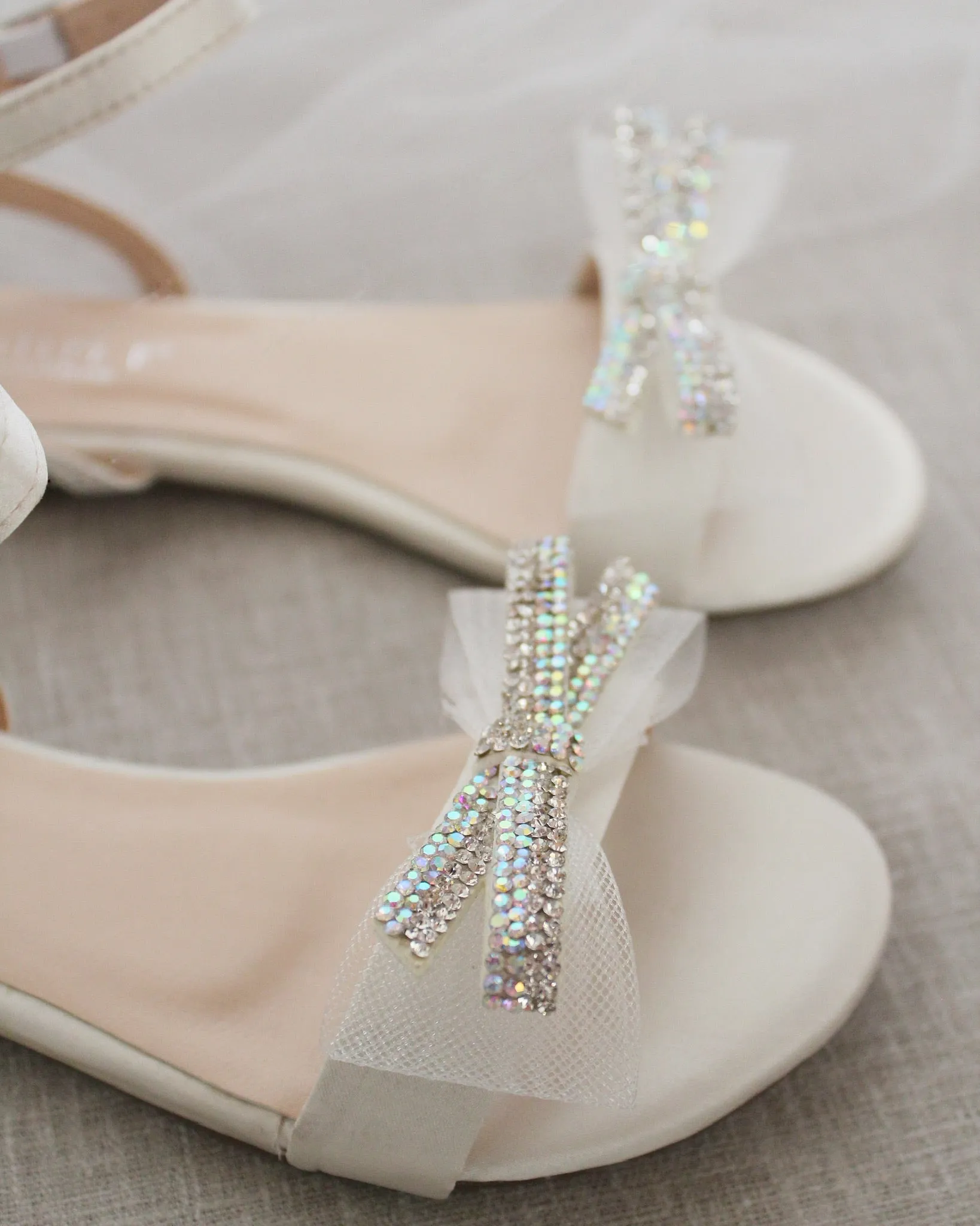 Ivory Satin Flat Sandal with Mini Mesh Rhinestones Bow and Ankle Strap