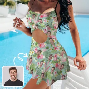 Personalized Face Swimsuit Dress Custom Face Green Leaves&Pink Flower Women's Cutout Cross Back Swimming Dress Face Bathing Suit