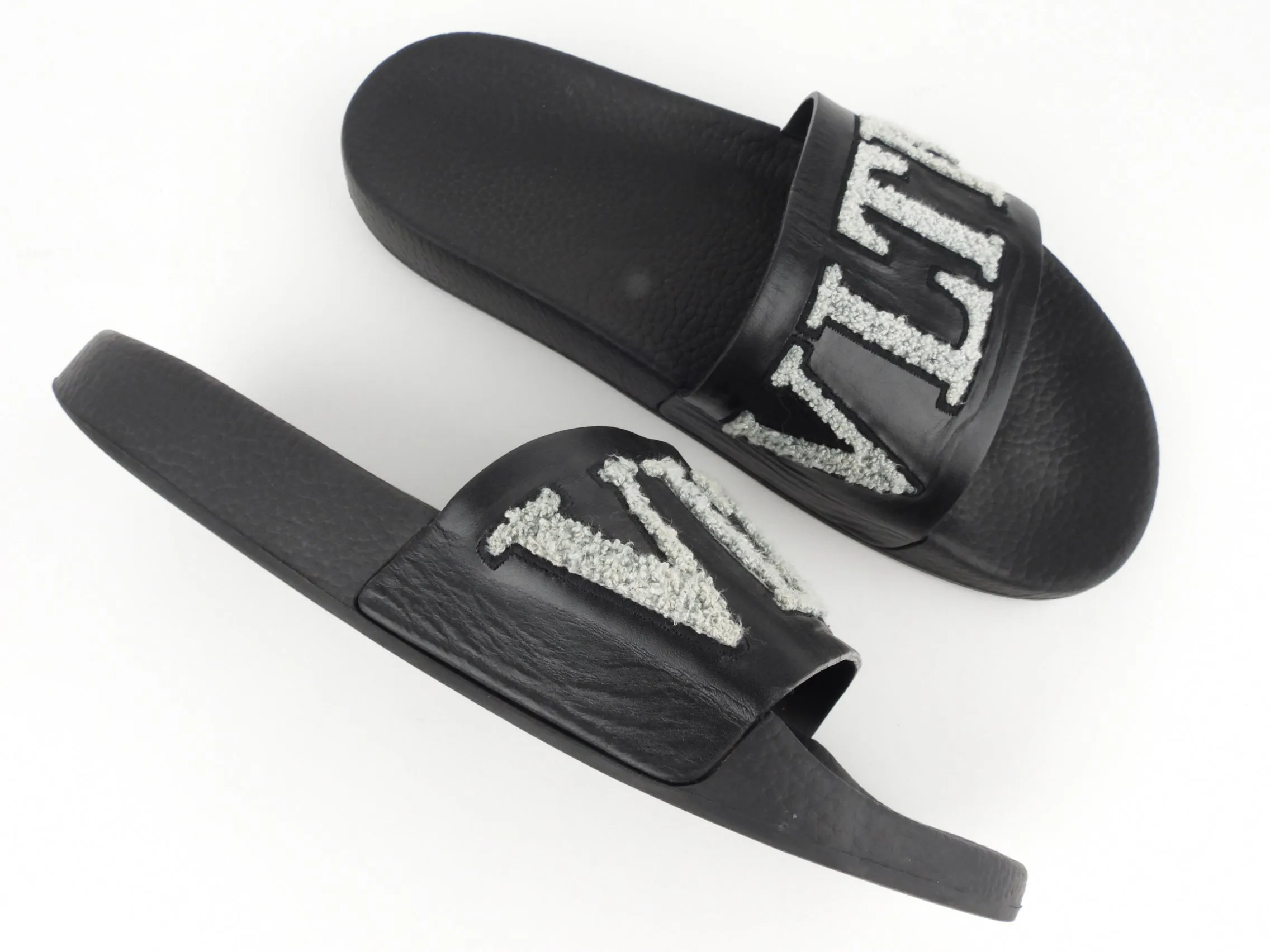 Valentino Black and Grey Flocked VLTN Logo Slide Sandal - 40