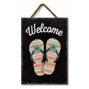 Welcome Flip Flops Black Vinyl with Slate Look Hanging Sign