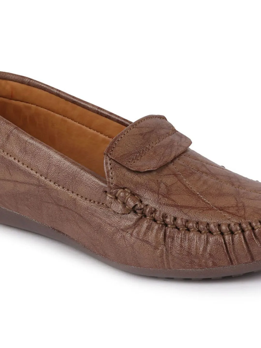 Women Brown Stitched Slip On Loafers