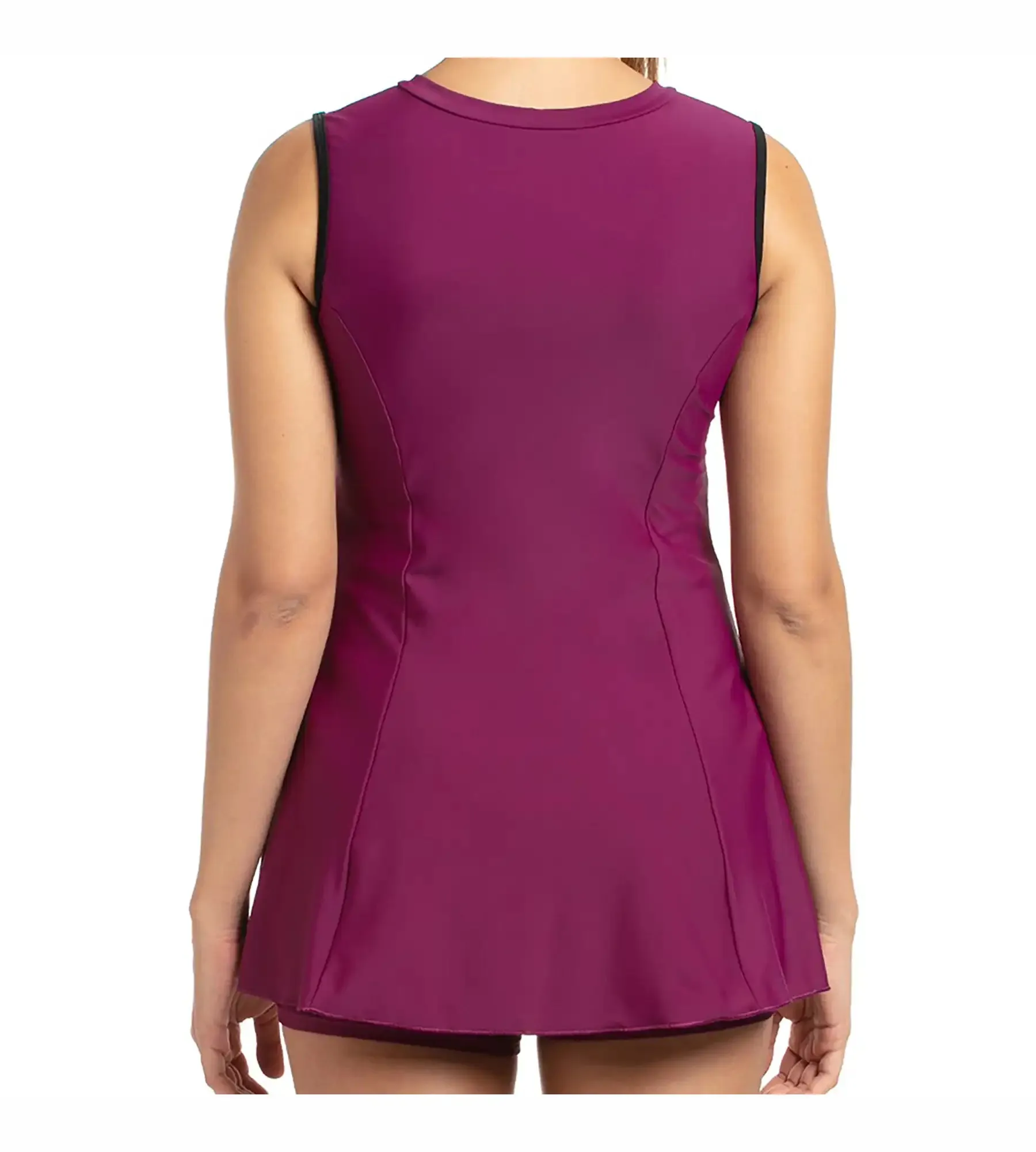 Women's Endurance Closedback Swimdress With Boyleg - Deep Plum & Black