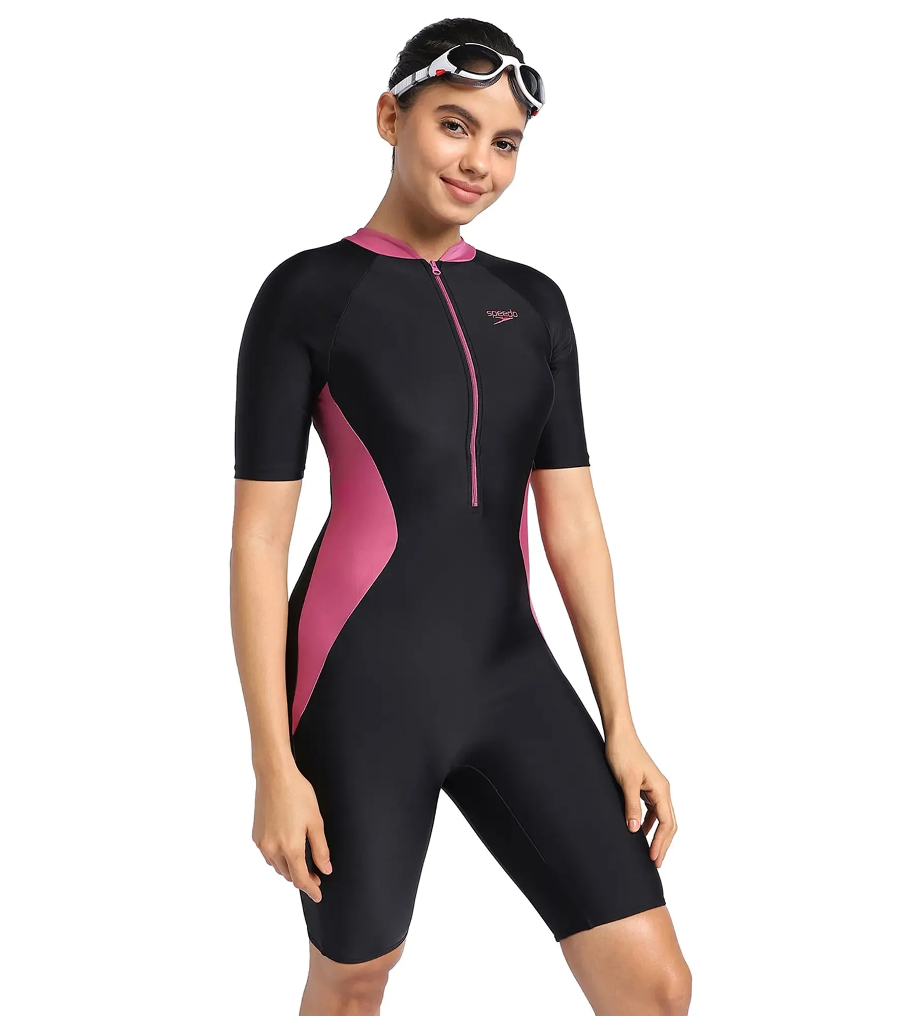 Women's Endurance Essential Panel Kneesuit Swimwear  - Black  &  Hotmauve