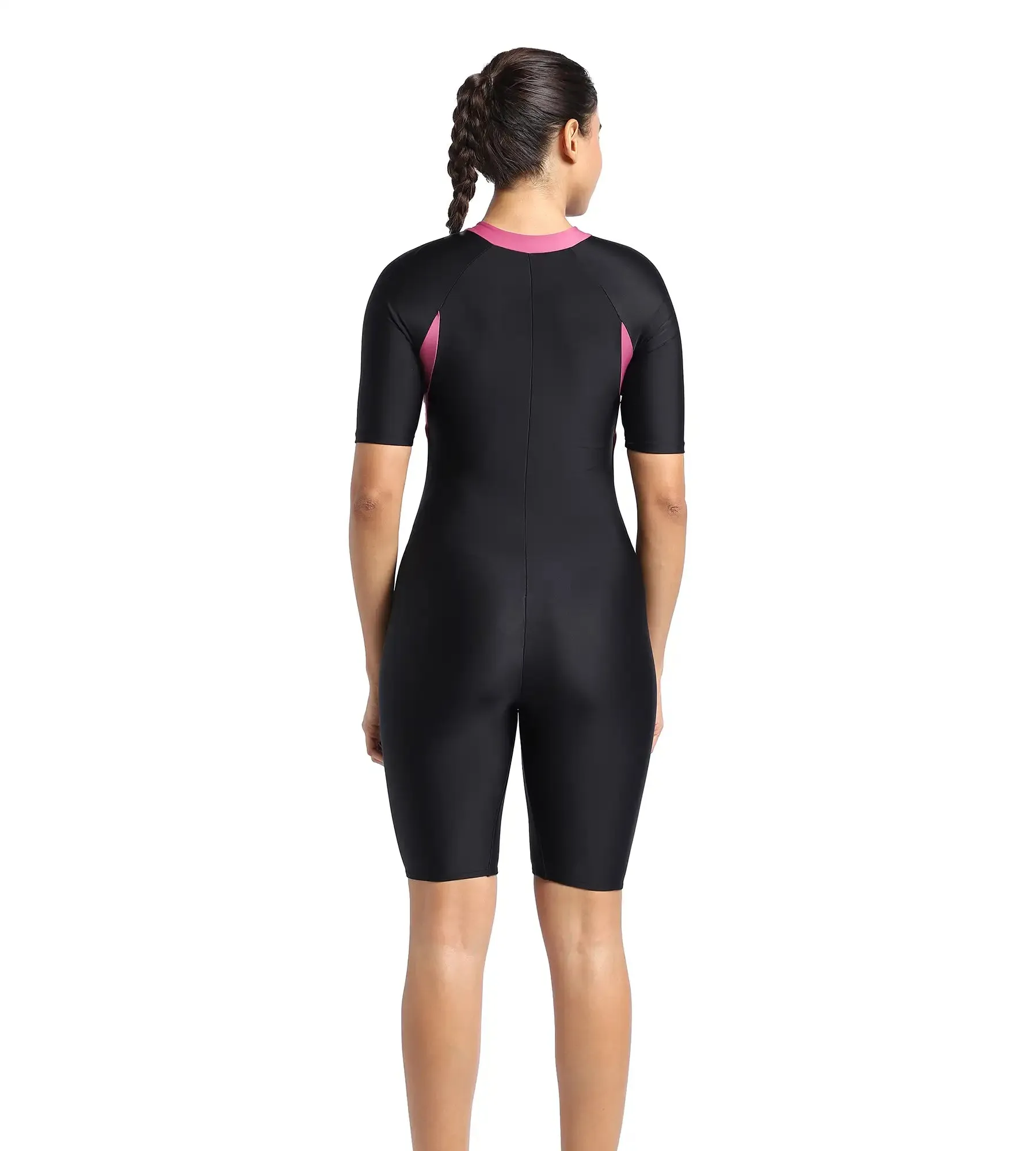 Women's Endurance Essential Panel Kneesuit Swimwear  - Black  &  Hotmauve