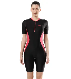 Women's Endurance Essential Panel Kneesuit Swimwear  - Black  &  Raspberry Fill