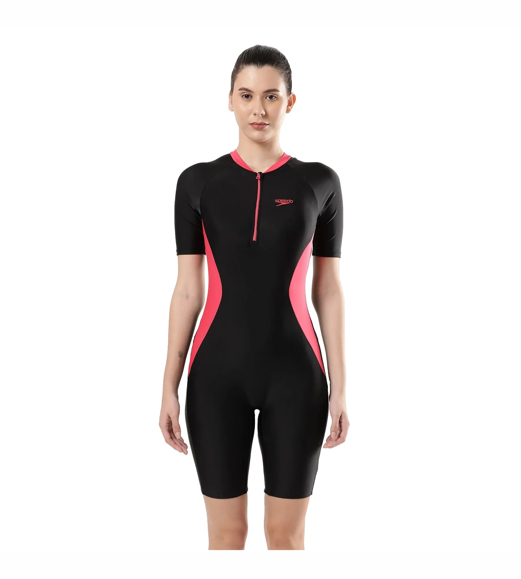 Women's Endurance Essential Panel Kneesuit Swimwear  - Black  &  Raspberry Fill