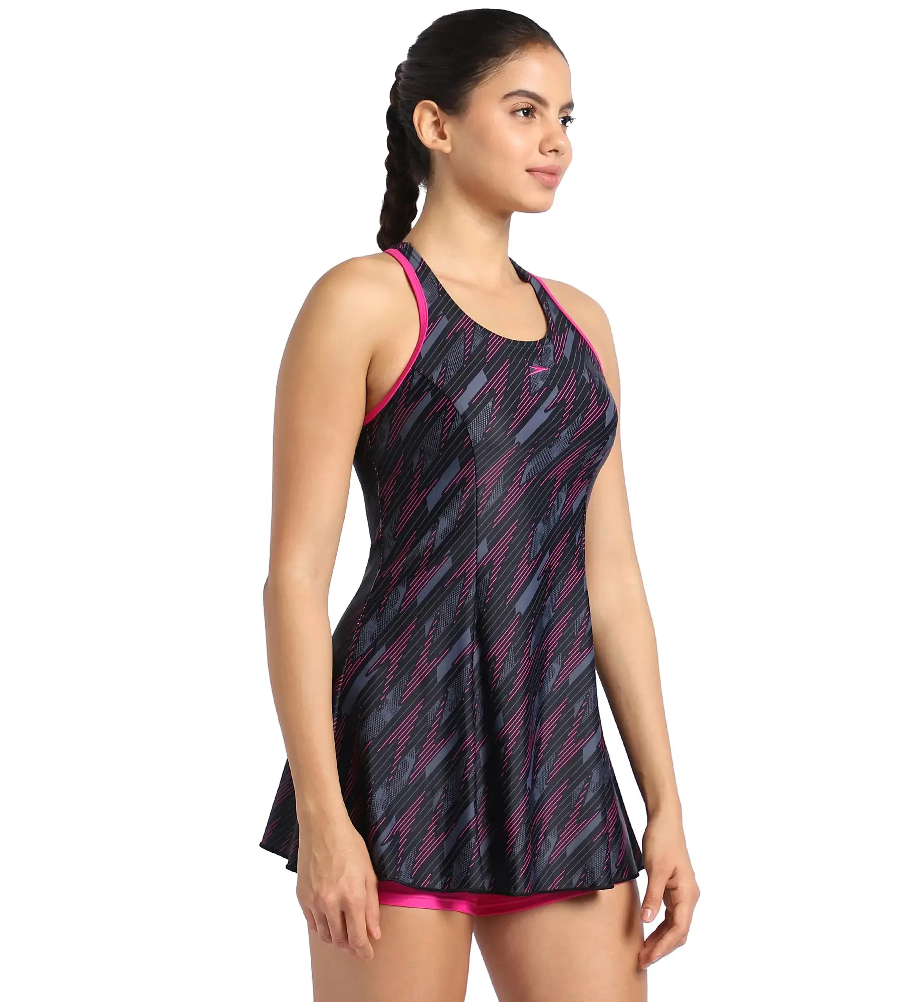 Women's Endurance Hyperboom Printed Racerback Swimdress With Boyleg - Black  &  Electric Pink