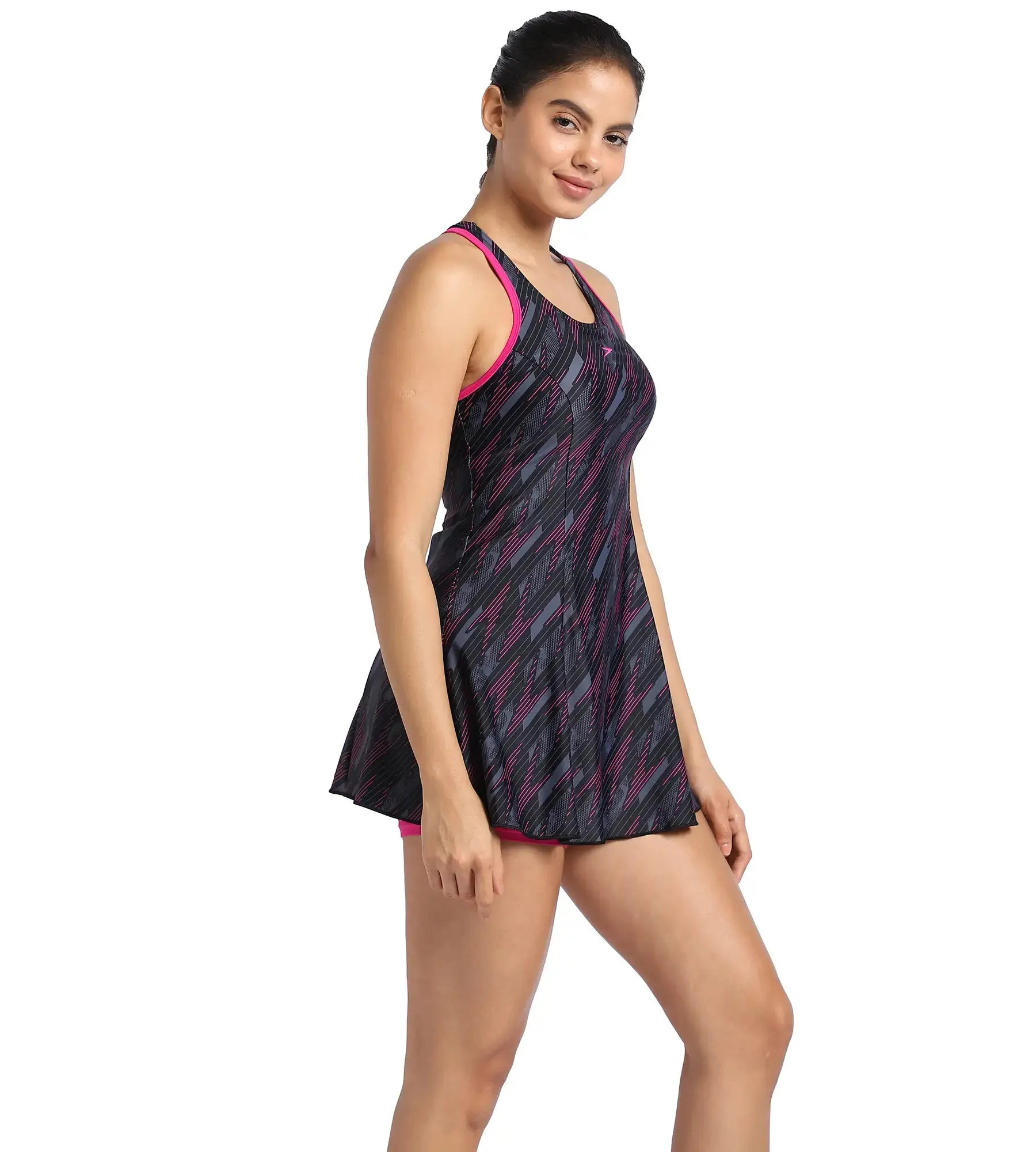 Women's Endurance Hyperboom Printed Racerback Swimdress With Boyleg - Black  &  Electric Pink