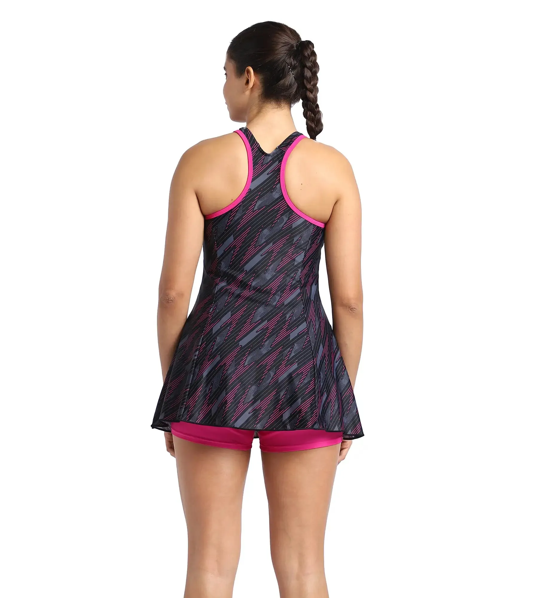 Women's Endurance Hyperboom Printed Racerback Swimdress With Boyleg - Black  &  Electric Pink