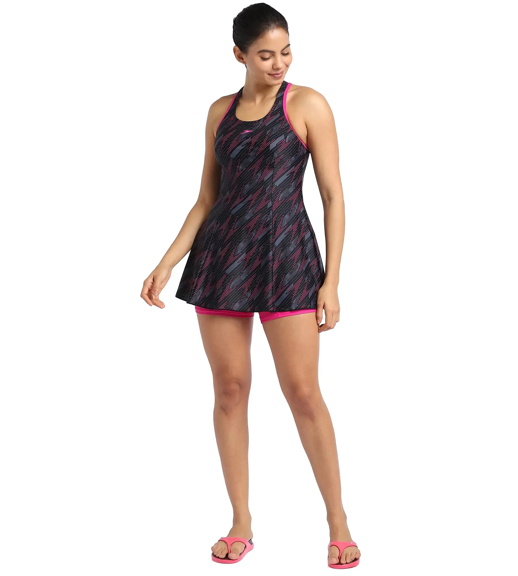 Women's Endurance Hyperboom Printed Racerback Swimdress With Boyleg - Black  &  Electric Pink