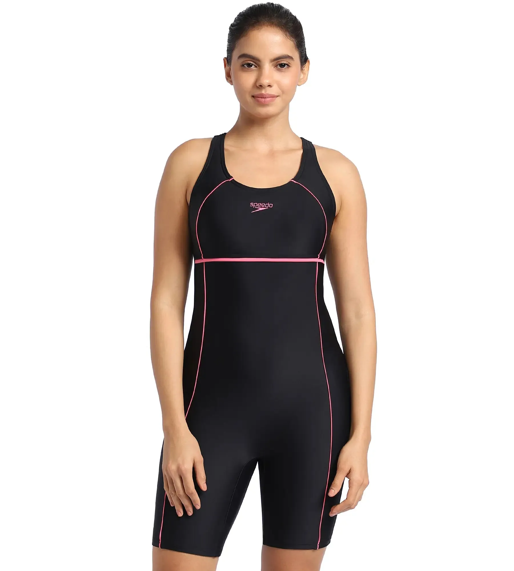 Women's Endurance Classic Racerback Legsuit Swimwear  - Black  &  Fandango Pink