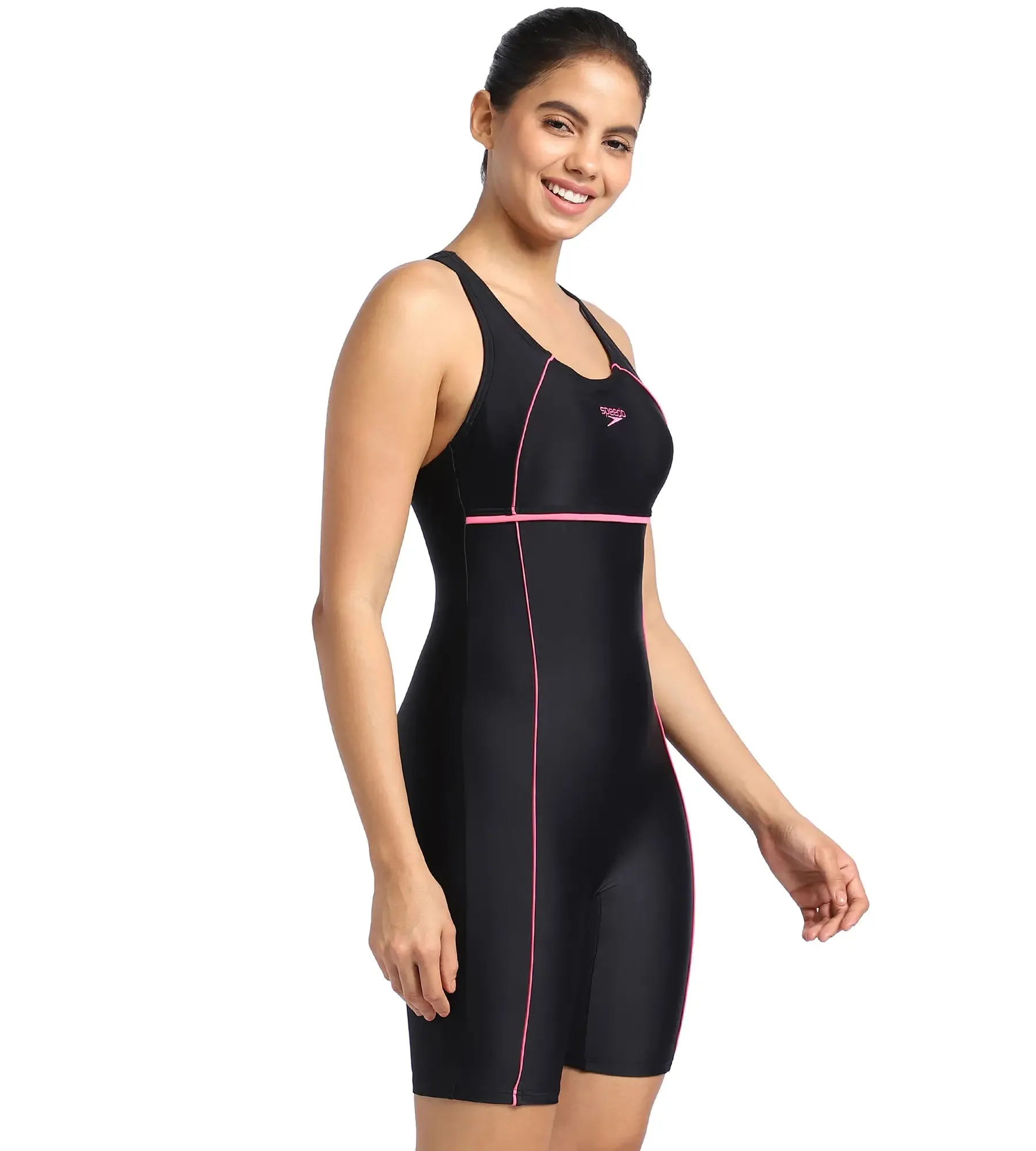 Women's Endurance Classic Racerback Legsuit Swimwear  - Black  &  Fandango Pink