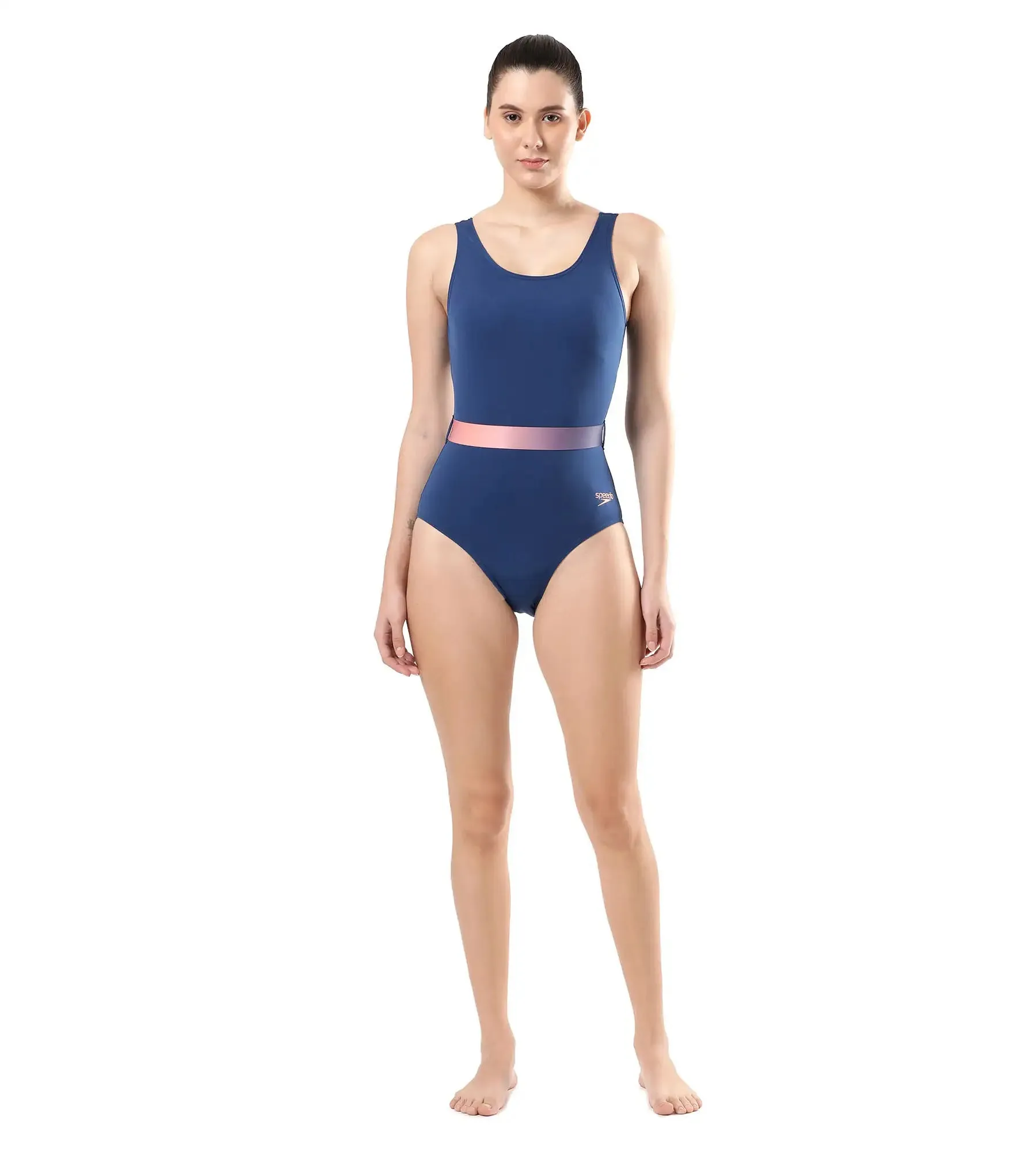 Women's Belted U Back One Piece Swimwear - Ammonite  &  Soft Coral