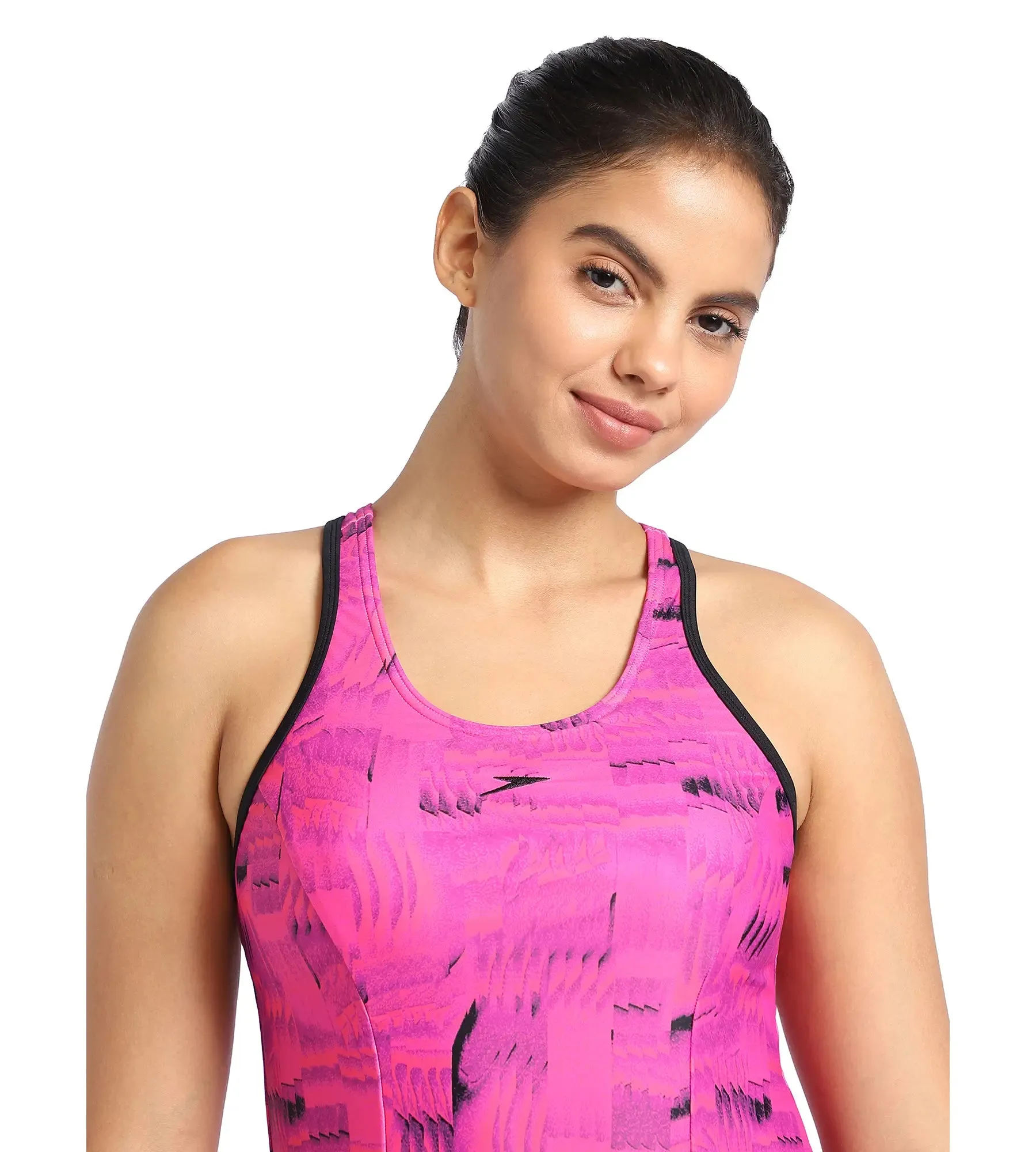 Women's Endurance Printed Racerback Swimdress With Boyleg - Black & Wineberry