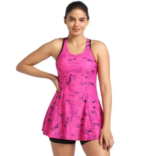 Women's Endurance Printed Racerback Swimdress With Boyleg - Black & Wineberry