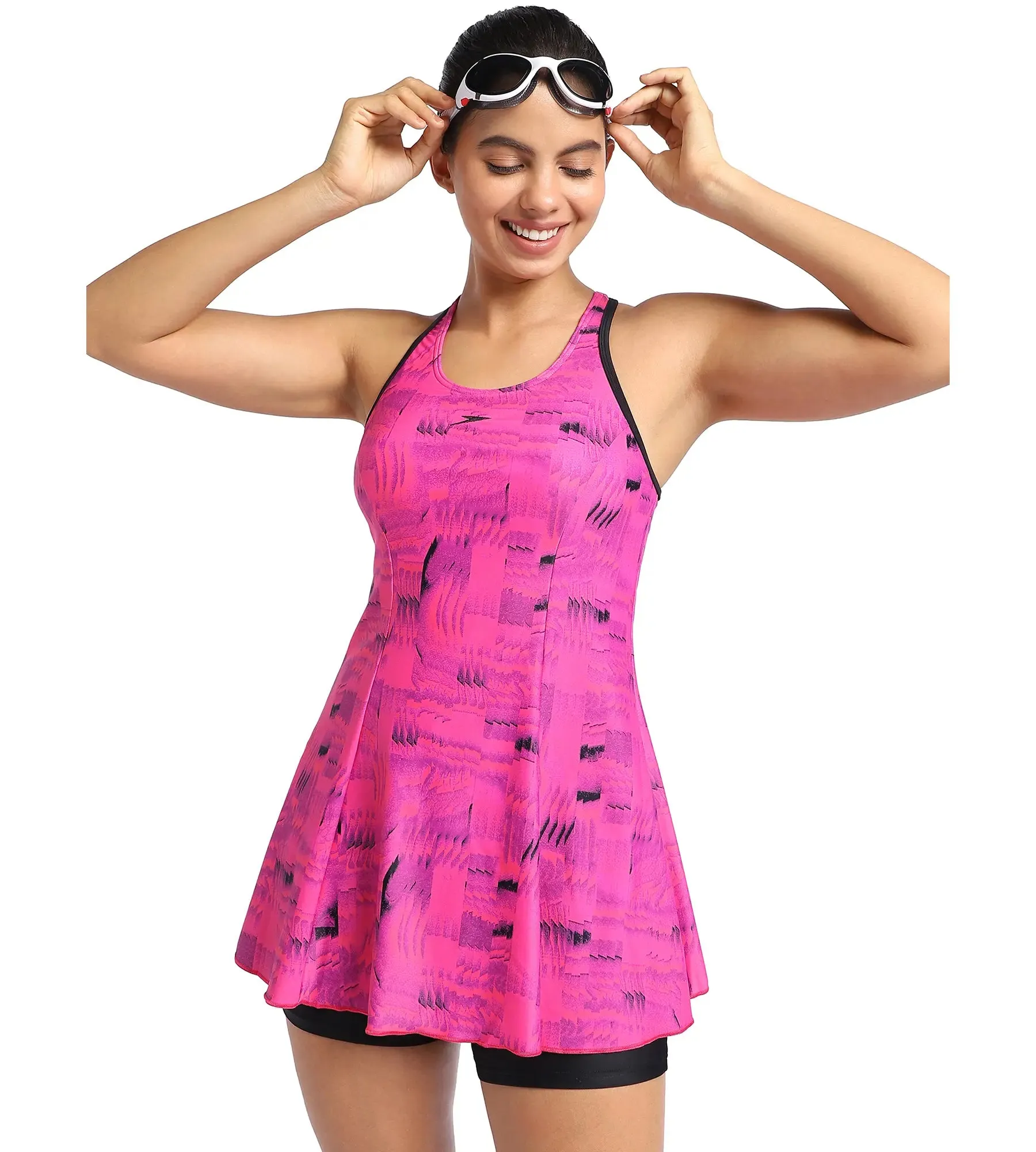 Women's Endurance Printed Racerback Swimdress With Boyleg - Black & Wineberry