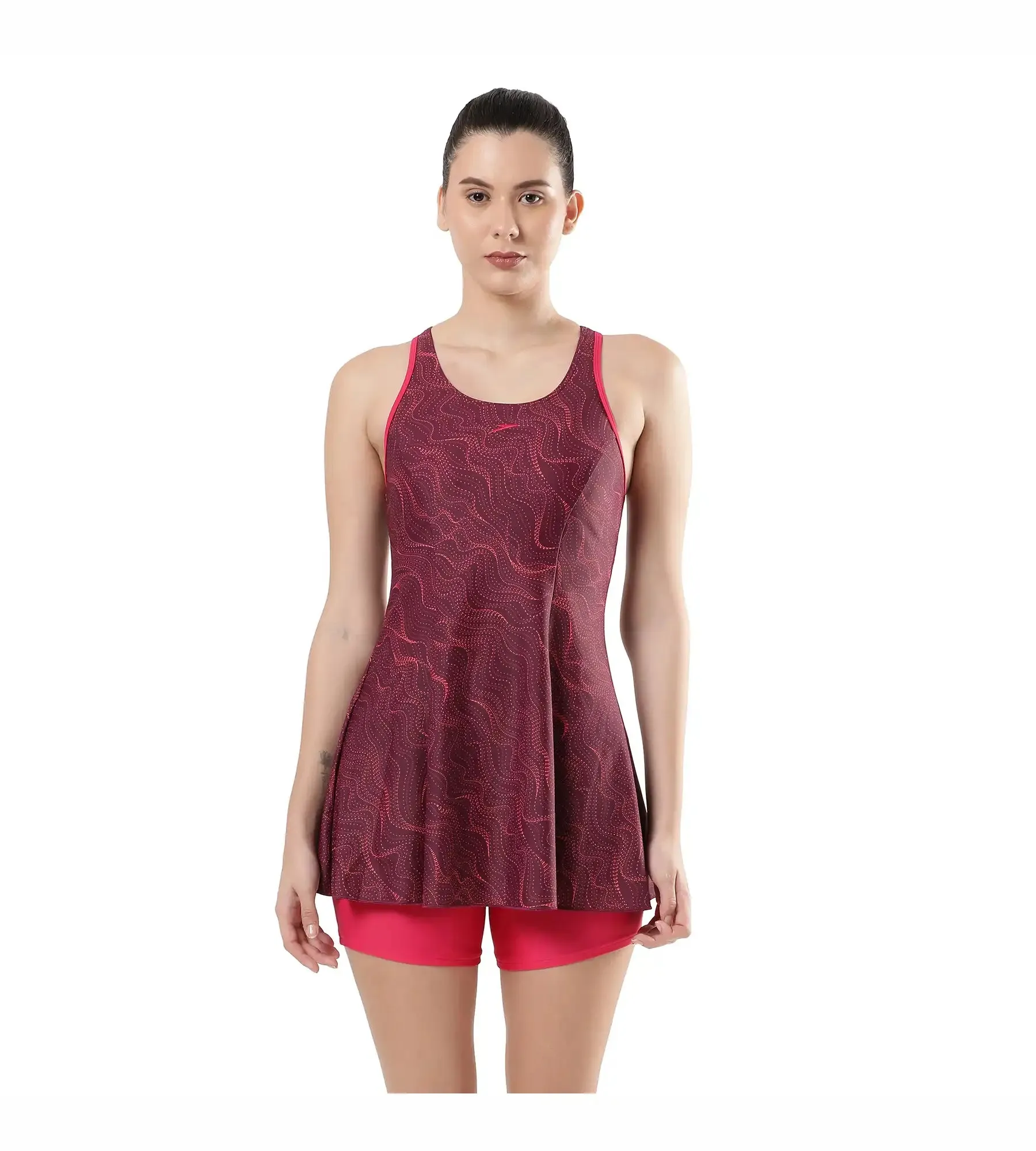 Women's Endurance Printed Racerback Swimdress With Boyleg - Deep Plum & Cherry