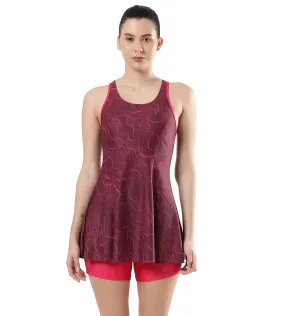 Women's Endurance Printed Racerback Swimdress With Boyleg - Deep Plum & Cherry