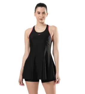 Women's Endurance Racerback Swimdress With Boyleg - Black  &  Raspberry Fill