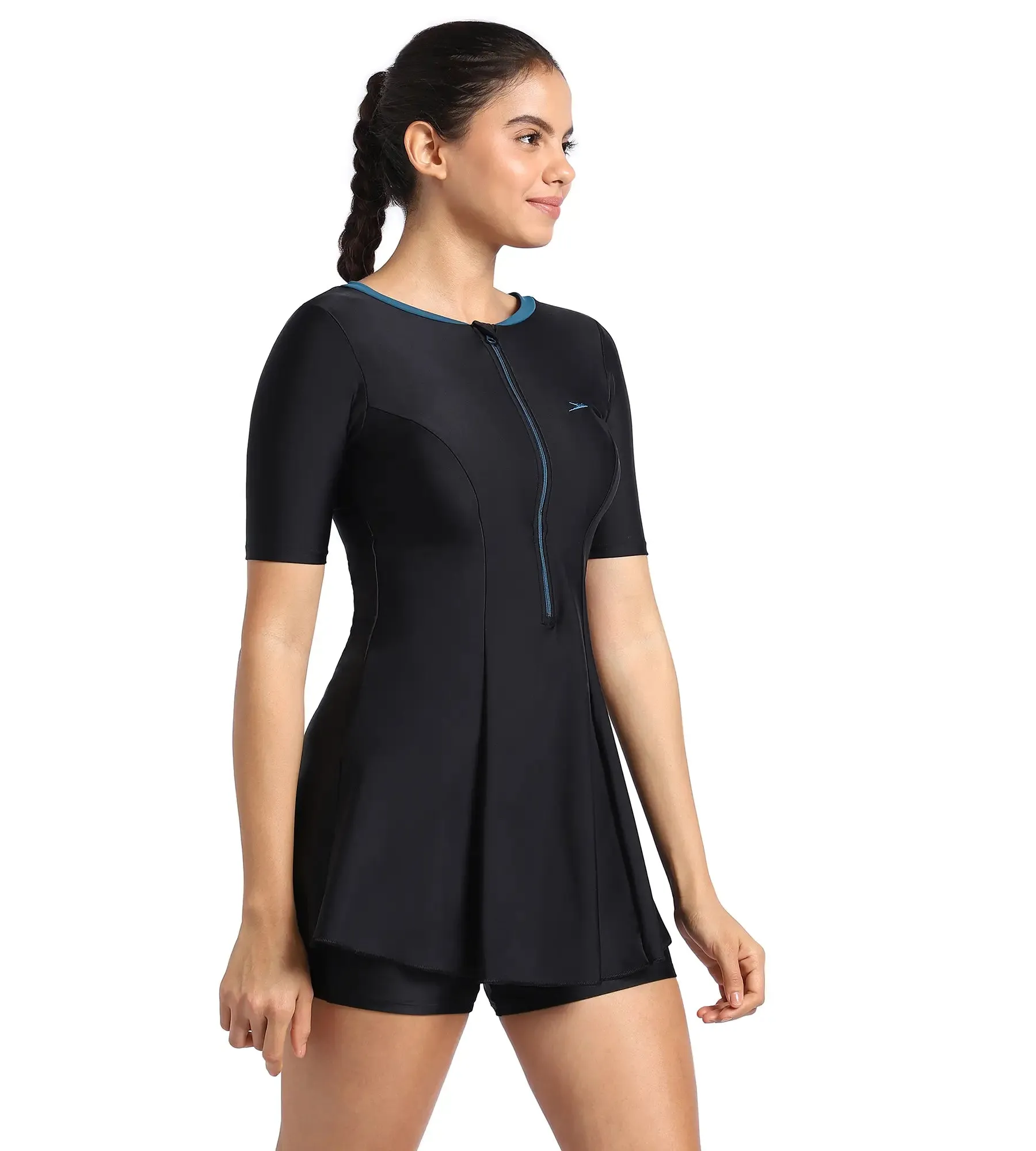 Women's Endurance10 Closedback Short Sleeve Swimdress With Boyleg - Black & Dark Teal