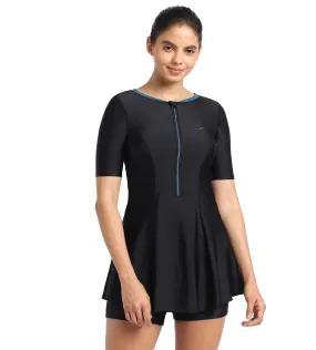 Women's Endurance10 Closedback Short Sleeve Swimdress With Boyleg - Black & Dark Teal