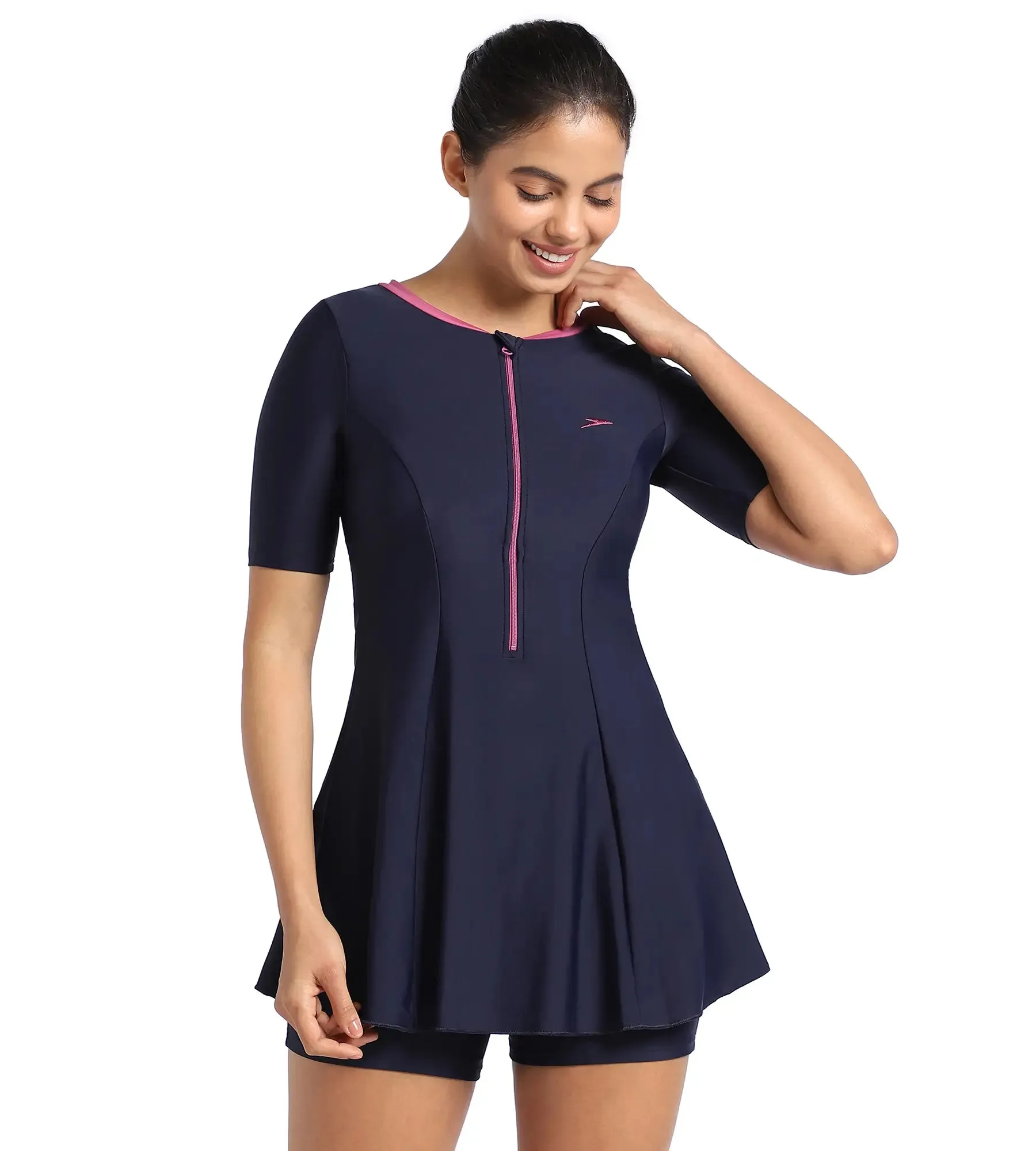 Women's Endurance10 Closedback Short Sleeve Swimdress With Boyleg - True Navy & Hotmauve