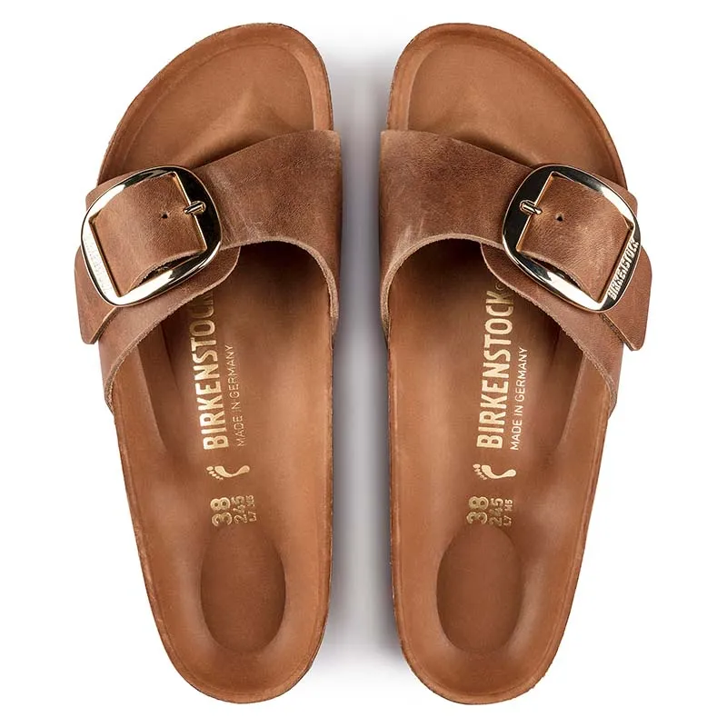 Women's Madrid Oiled Leather Big Buckle Sandals in Cognac