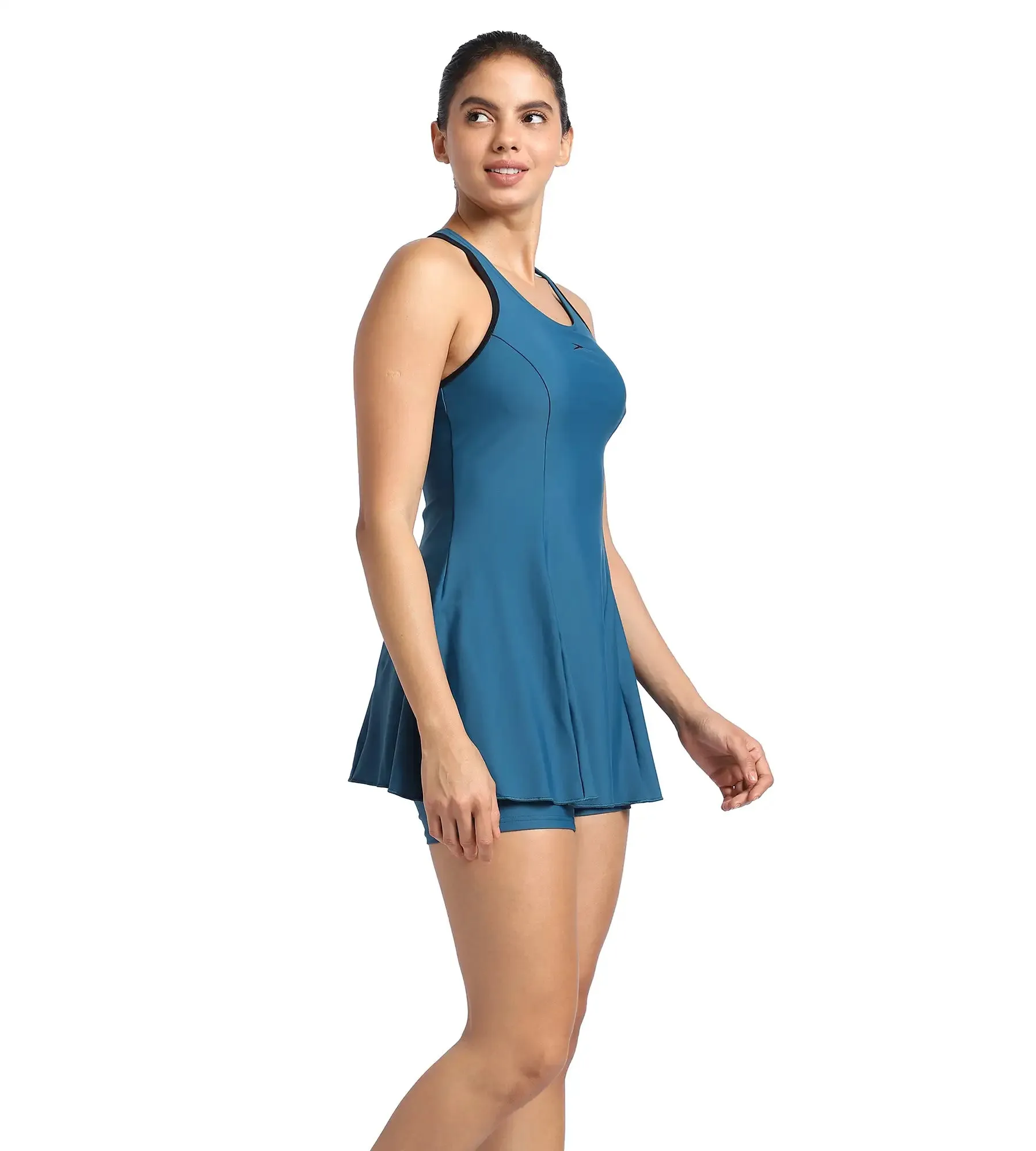 Women's Racerback Swimdress With Boyleg - Dark Teal  &  Black